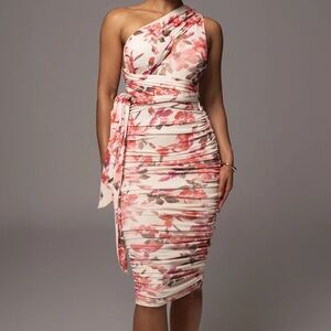 JLUXLABEL One-Shoulder Floral Ruched Midi Dress in Blush Pink